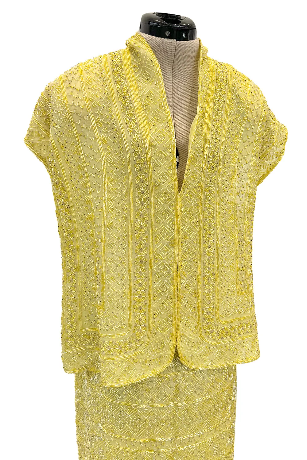 Incredible Late 1970s Halston Couture Hand Beaded Silk Skirt & Sleeveless Top Set in Yellow