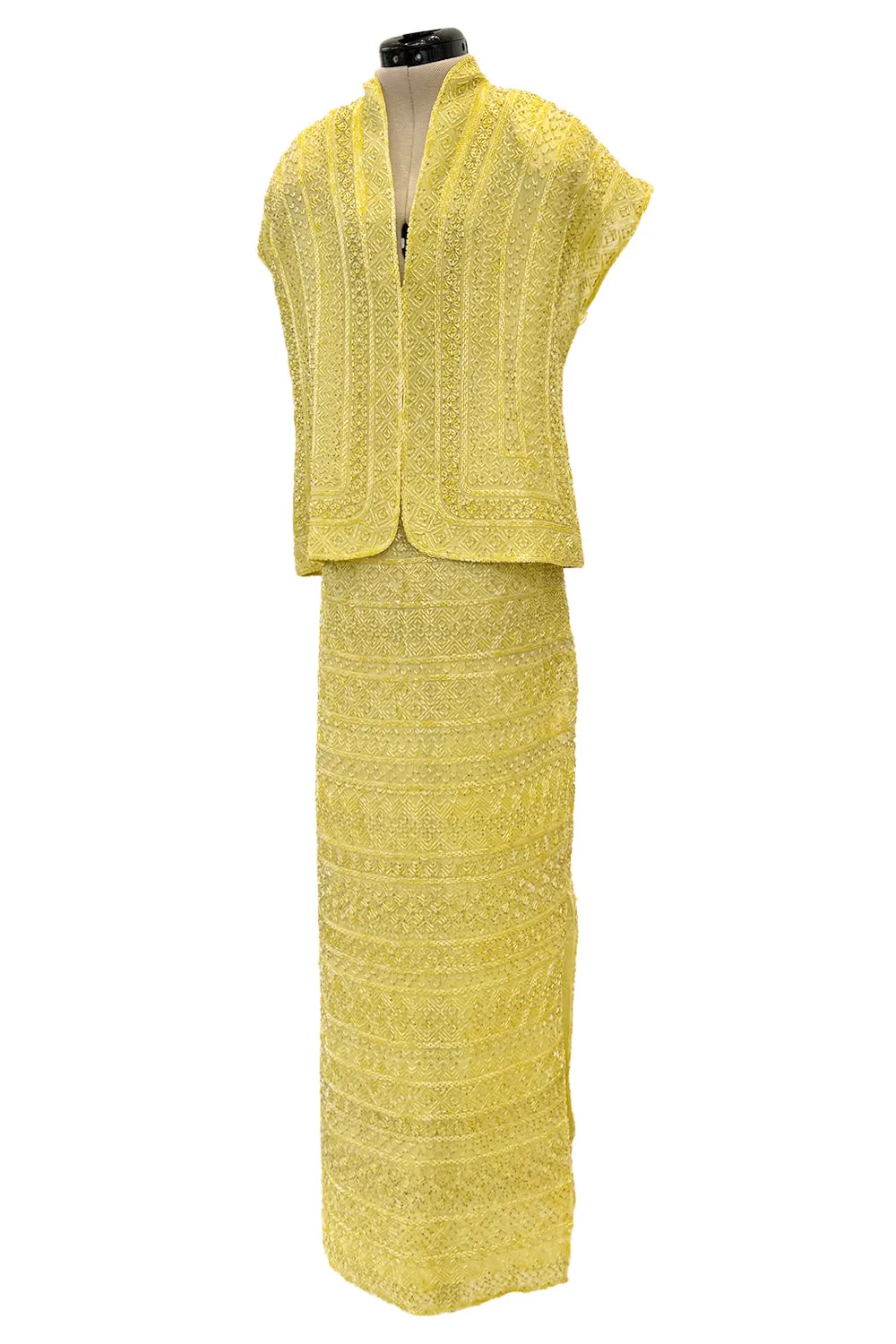 Incredible Late 1970s Halston Couture Hand Beaded Silk Skirt & Sleeveless Top Set in Yellow
