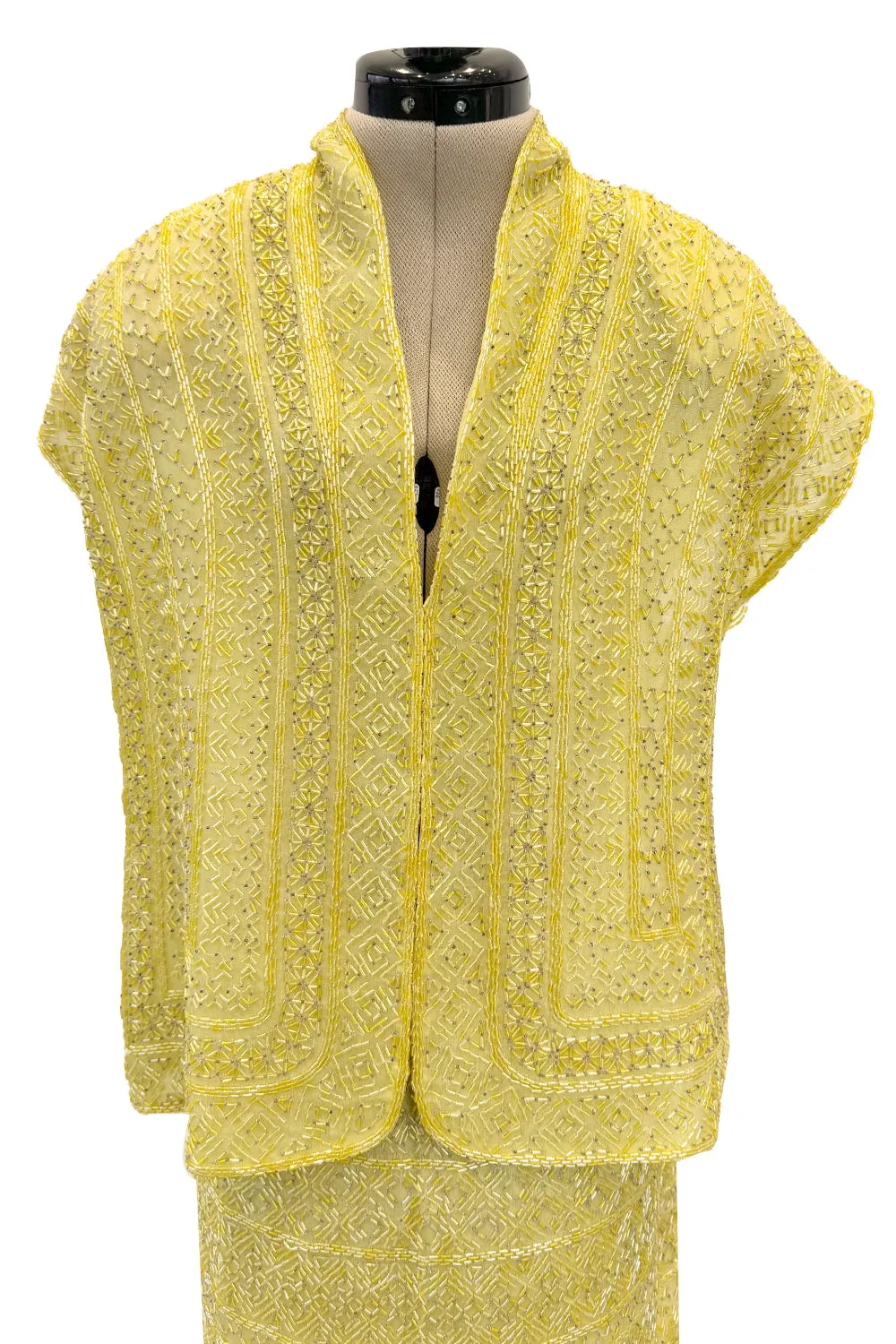 Incredible Late 1970s Halston Couture Hand Beaded Silk Skirt & Sleeveless Top Set in Yellow