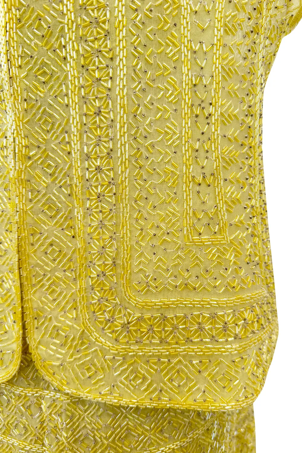 Incredible Late 1970s Halston Couture Hand Beaded Silk Skirt & Sleeveless Top Set in Yellow