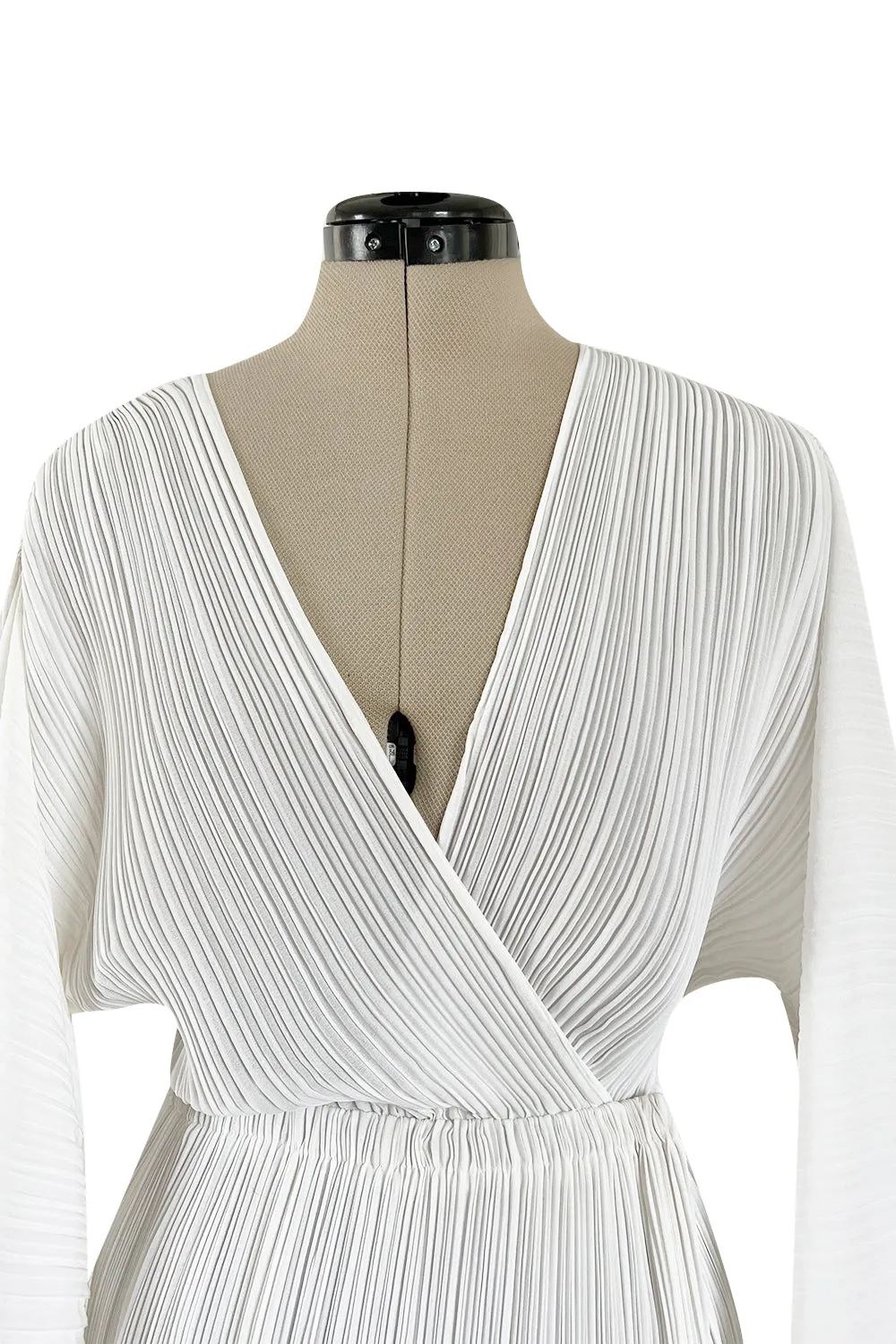 Incredible Spring 1978 Halston Plunged & Pleated White Wrap Silk Chiffon Runway Dress