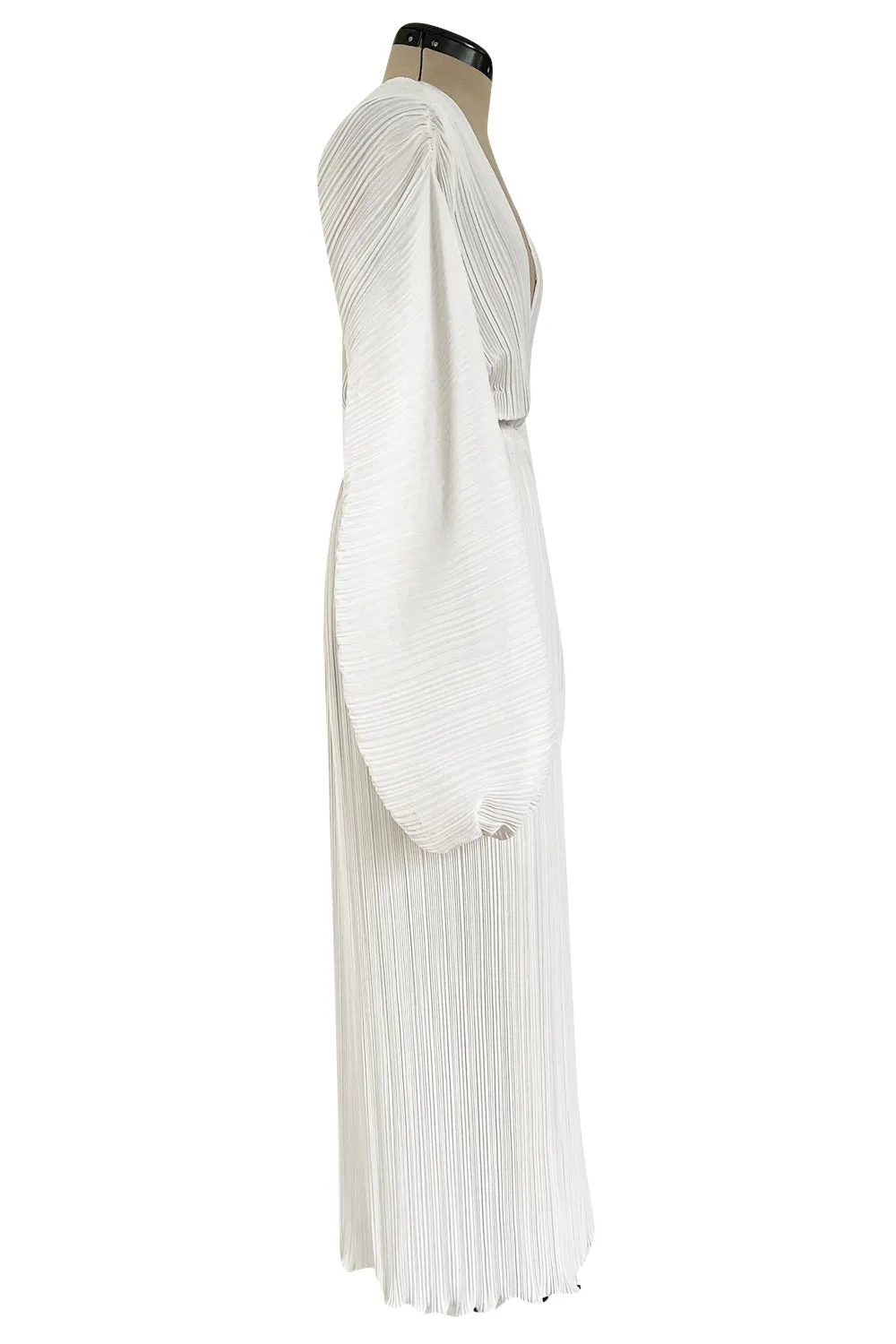 Incredible Spring 1978 Halston Plunged & Pleated White Wrap Silk Chiffon Runway Dress