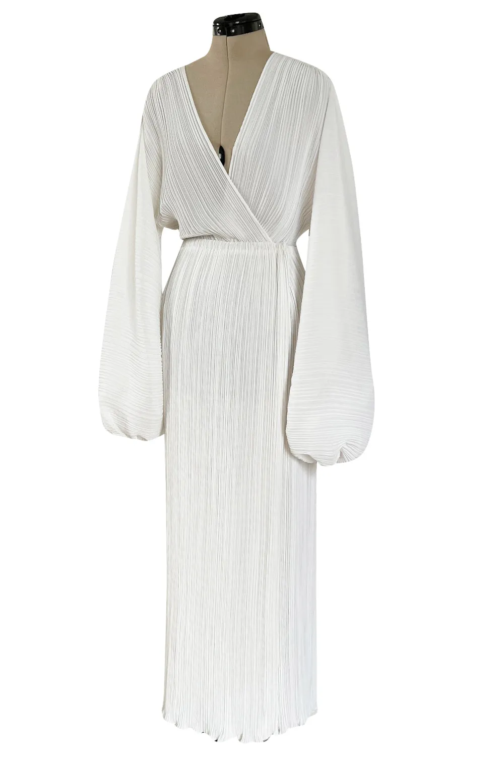 Incredible Spring 1978 Halston Plunged & Pleated White Wrap Silk Chiffon Runway Dress
