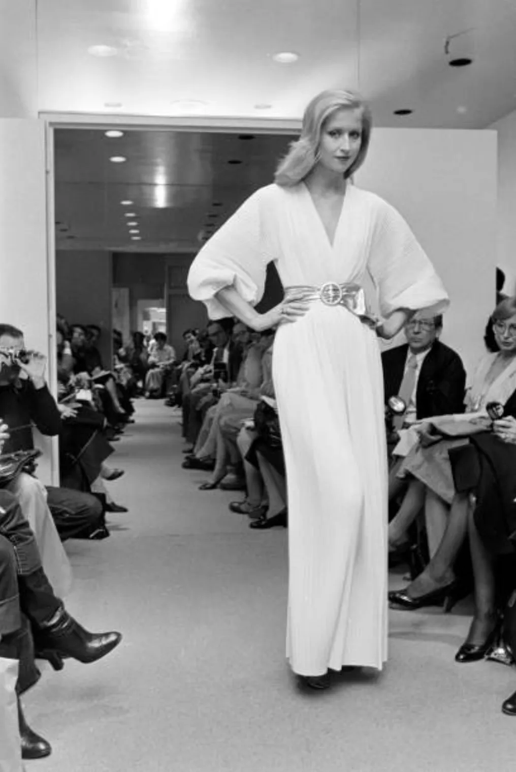 Incredible Spring 1978 Halston Plunged & Pleated White Wrap Silk Chiffon Runway Dress