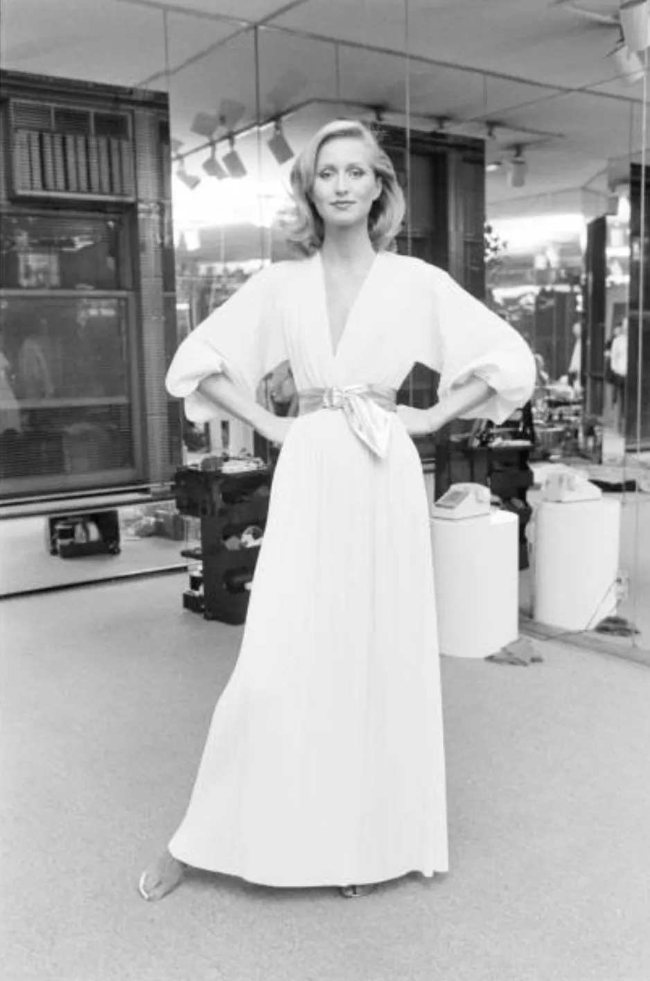 Incredible Spring 1978 Halston Plunged & Pleated White Wrap Silk Chiffon Runway Dress