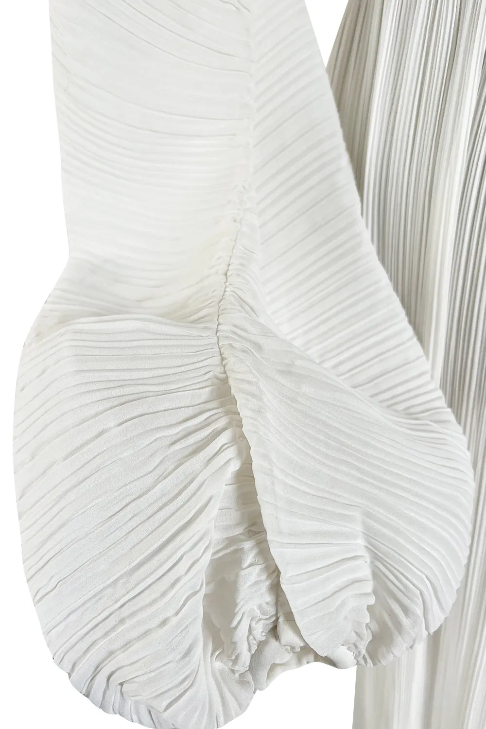 Incredible Spring 1978 Halston Plunged & Pleated White Wrap Silk Chiffon Runway Dress