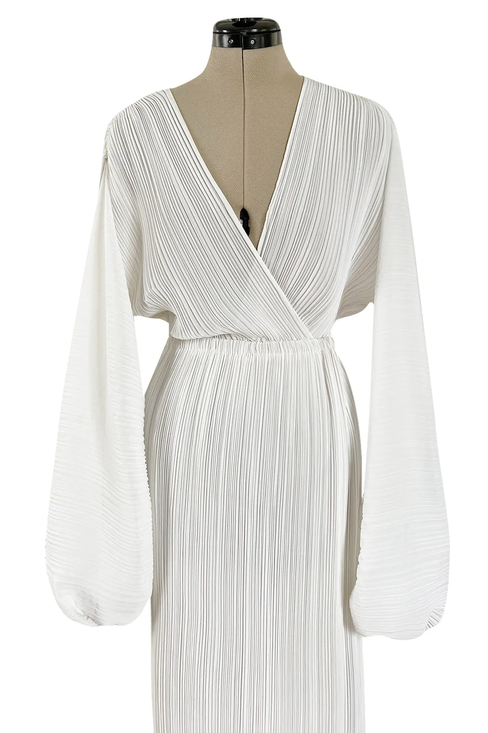 Incredible Spring 1978 Halston Plunged & Pleated White Wrap Silk Chiffon Runway Dress