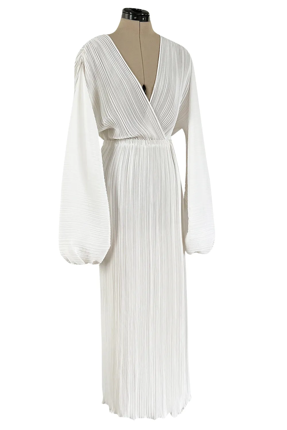 Incredible Spring 1978 Halston Plunged & Pleated White Wrap Silk Chiffon Runway Dress