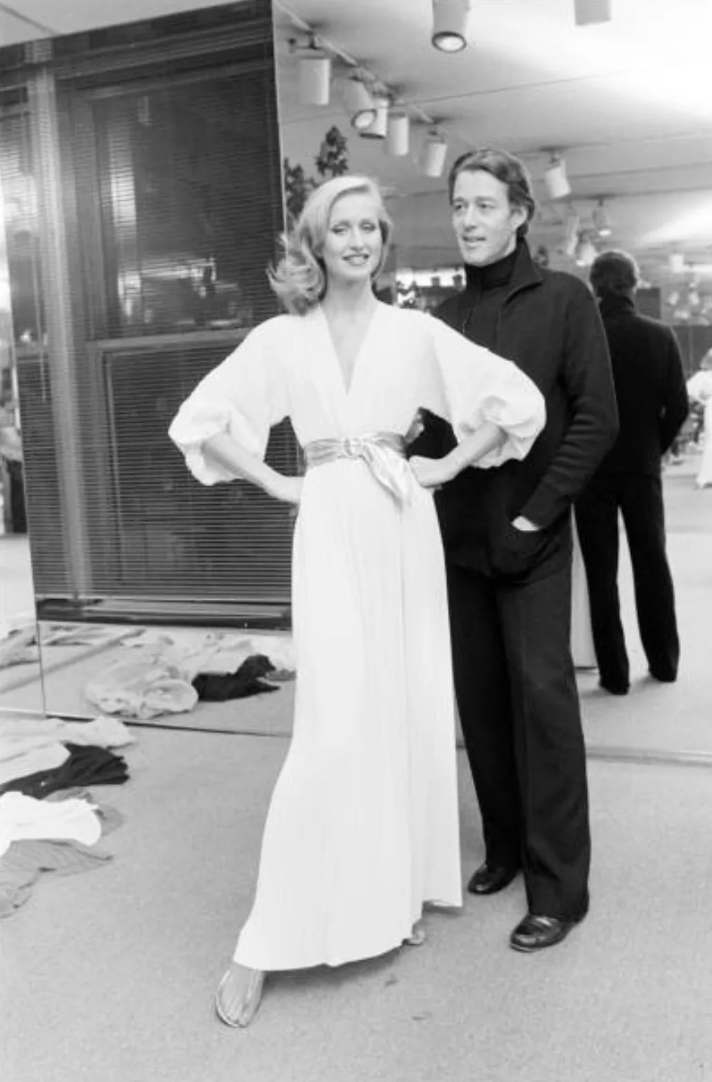 Incredible Spring 1978 Halston Plunged & Pleated White Wrap Silk Chiffon Runway Dress
