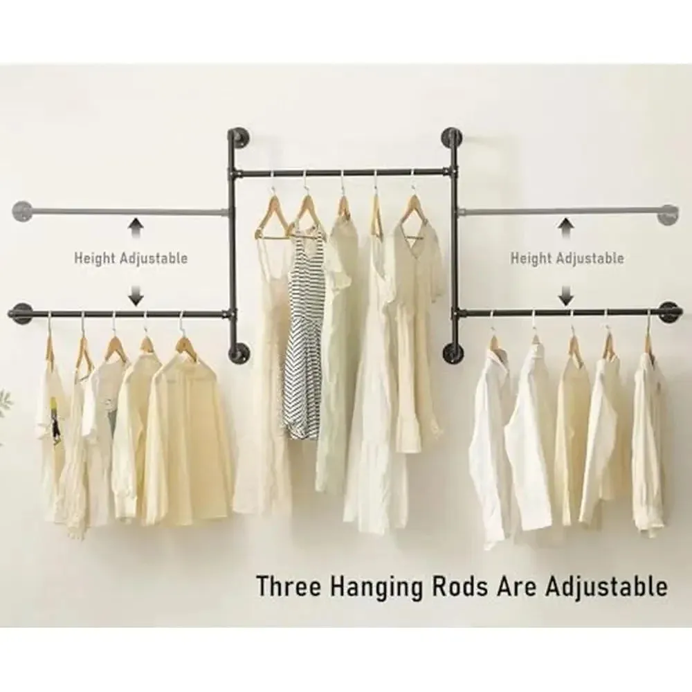 Industrial Pipe Multi-Purpose Wall Garment Rack Adjustable Hanging Rods Heavy Duty Clothes Storage Rack Organizer Easy Assembly