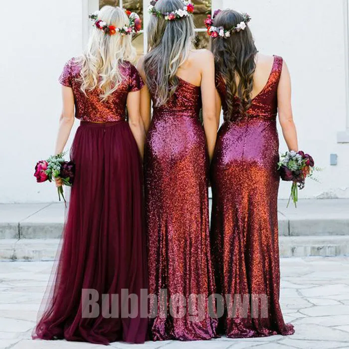 Inexpensive Mismatched Sequin Tulle Long Wedding Party Bridesmaid Dresses, BD009