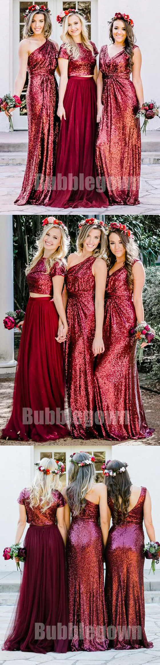 Inexpensive Mismatched Sequin Tulle Long Wedding Party Bridesmaid Dresses, BD009