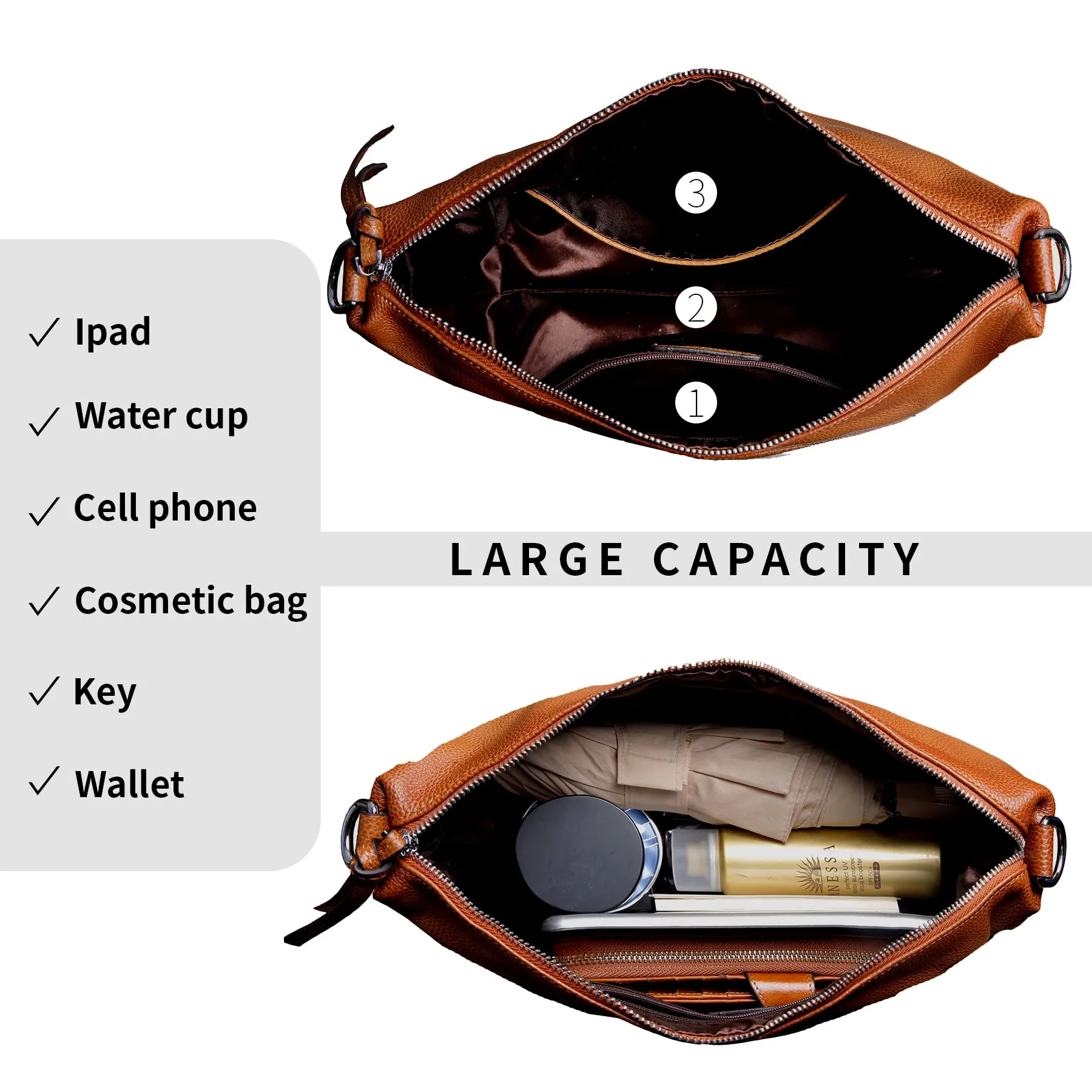 Iswee Soft Leather Handbags for Women Purses Brown Shoulder Bags Cross Body Bag Satchel Tote Travel Bag Hobo (Sorrel)