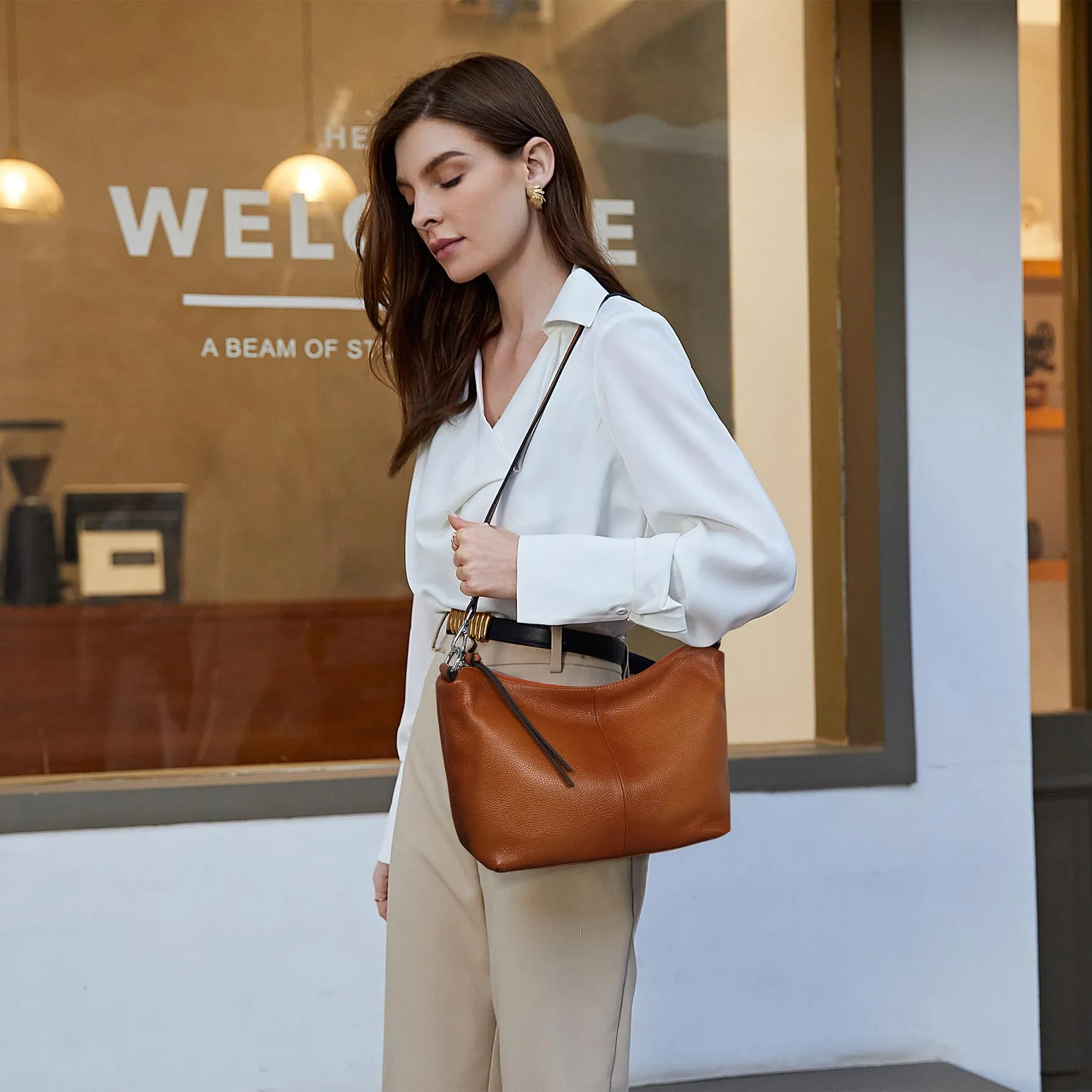 Iswee Soft Leather Handbags for Women Purses Brown Shoulder Bags Cross Body Bag Satchel Tote Travel Bag Hobo (Sorrel)