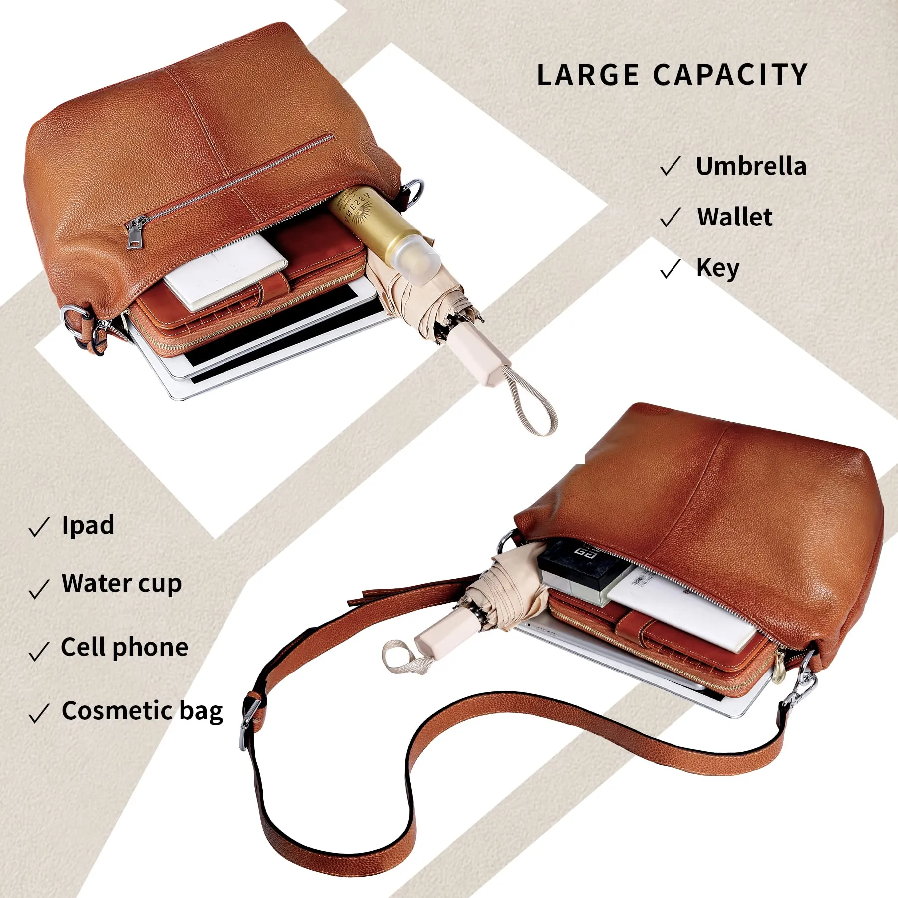Iswee Soft Leather Handbags for Women Purses Brown Shoulder Bags Cross Body Bag Satchel Tote Travel Bag Hobo (Sorrel)