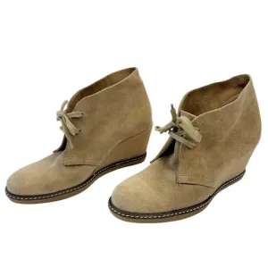J. Crew Tan Suede Leather Made in Italy Lace Up Wedge Heel Booties Sz 7 Preppy