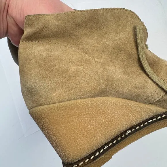 J. Crew Tan Suede Leather Made in Italy Lace Up Wedge Heel Booties Sz 7 Preppy