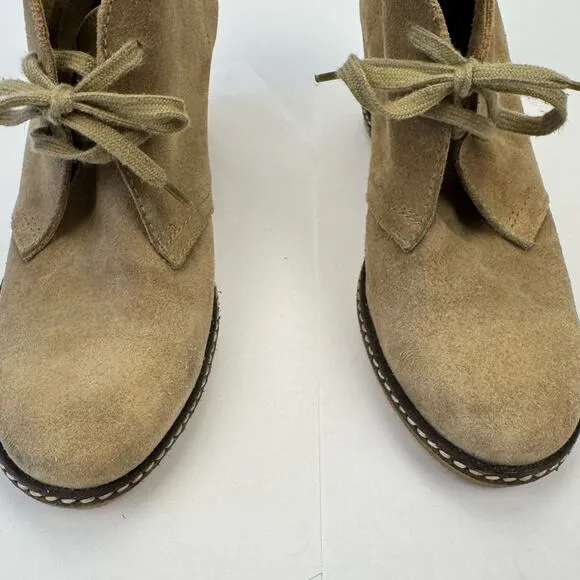 J. Crew Tan Suede Leather Made in Italy Lace Up Wedge Heel Booties Sz 7 Preppy