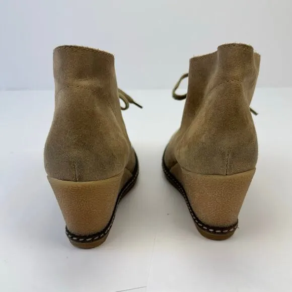 J. Crew Tan Suede Leather Made in Italy Lace Up Wedge Heel Booties Sz 7 Preppy