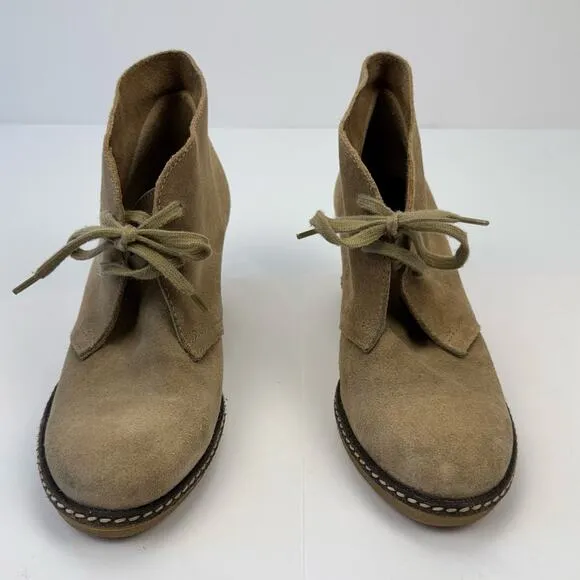 J. Crew Tan Suede Leather Made in Italy Lace Up Wedge Heel Booties Sz 7 Preppy