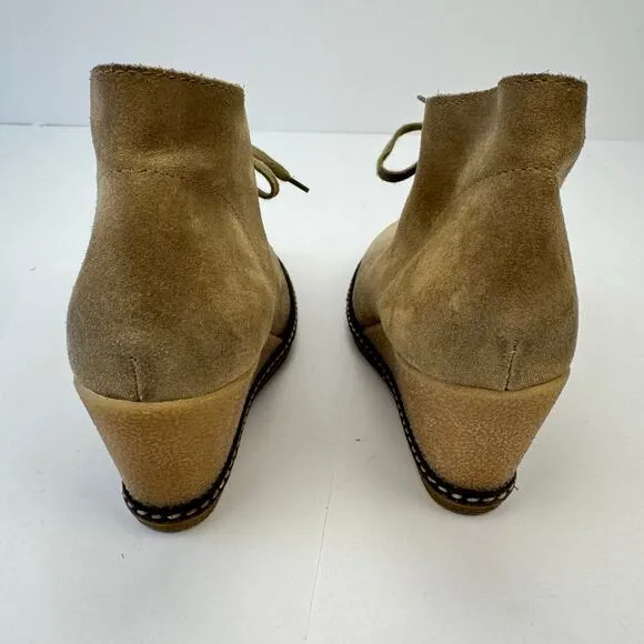 J. Crew Tan Suede Leather Made in Italy Lace Up Wedge Heel Booties Sz 7 Preppy