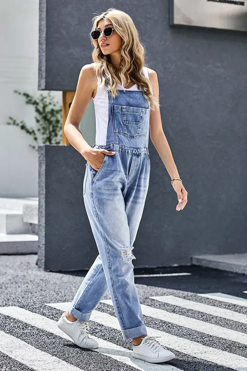 Jessica Relaxed Fit Distressed Denim Bib Overalls