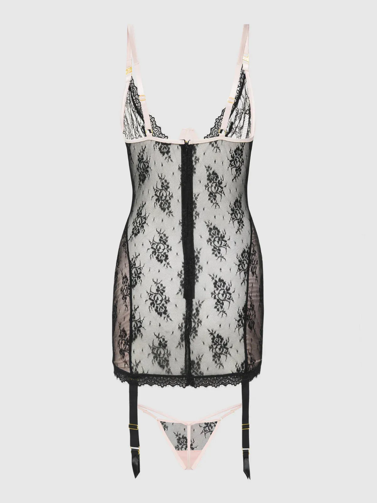 Jocelyn Satin & Lace Underwired Chemise In Black With Pink - House of Desire