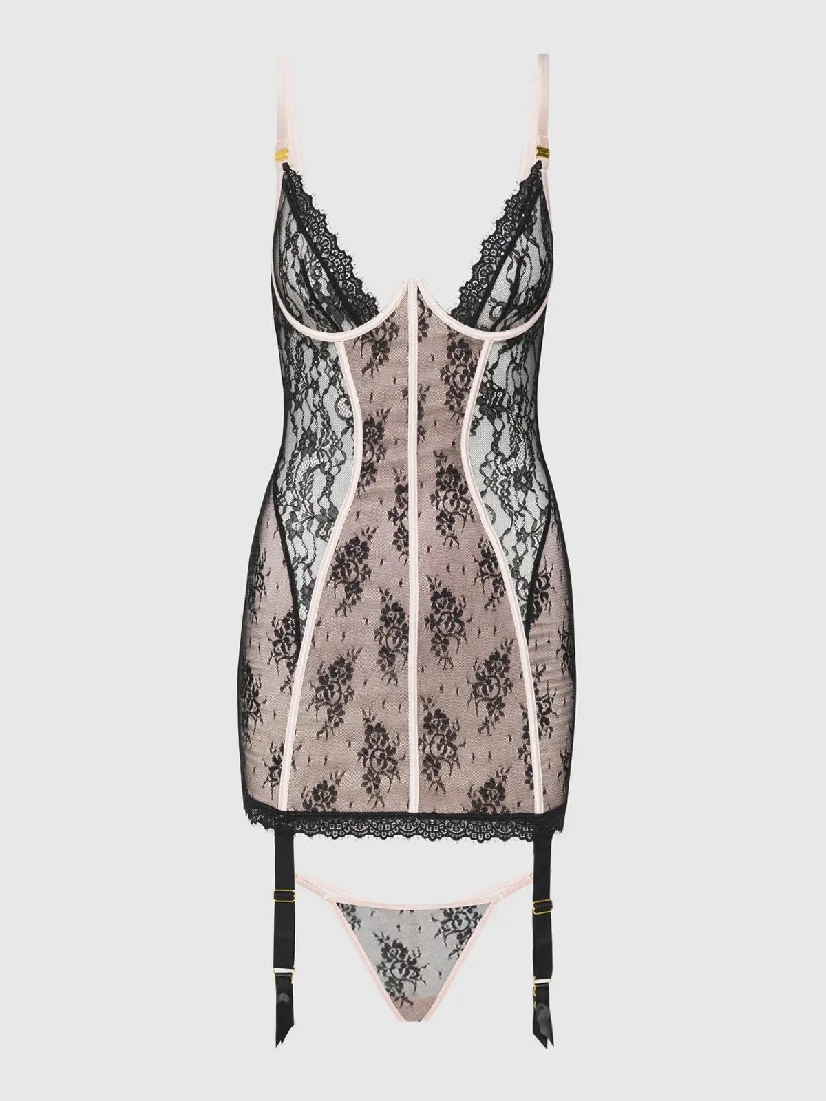 Jocelyn Satin & Lace Underwired Chemise In Black With Pink - House of Desire