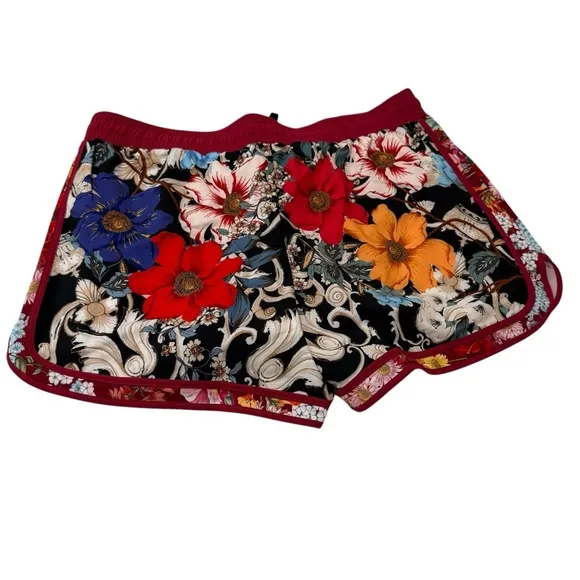 Johnny Was NWT Archibal Mid Rise Contrast Running Shorts Deep Red Floral Size XL