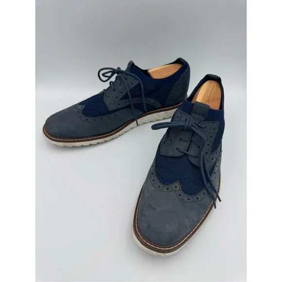 Johnston &amp; Murphy Mens Navy Leather &amp; Fabric Knit Duncan Wingtip Oxford Sz 11.5