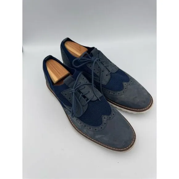 Johnston &amp; Murphy Mens Navy Leather &amp; Fabric Knit Duncan Wingtip Oxford Sz 11.5
