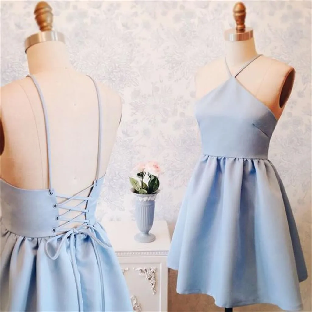 Junior Simple New Blue Halter Homecoming Dress, Short Custom Prom Dresses, PD0351