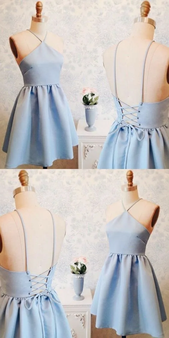 Junior Simple New Blue Halter Homecoming Dress, Short Custom Prom Dresses, PD0351