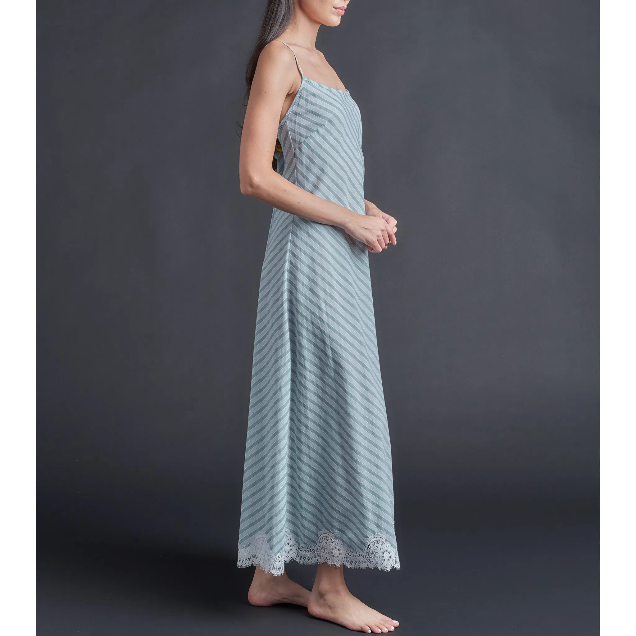 Juno Slip Dress in Italian Cotton Green Blue Stripe with Lace