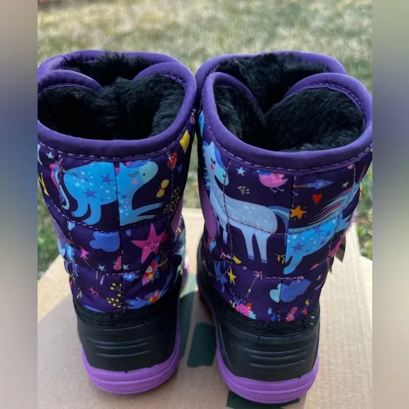 Kamik Snowbug 6 Little Kids SZ 5 Purple and Black Winter Boots Unicorn Pattern