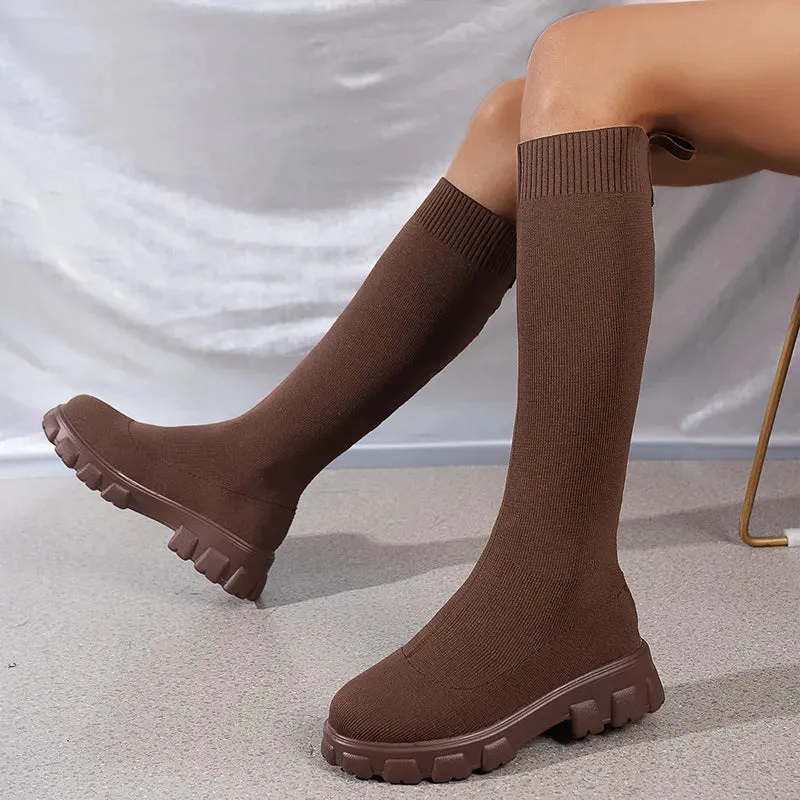 Knitted Stretch Sock Boots Platform Woman Knee High Boots Autumn