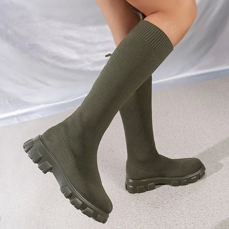 Knitted Stretch Sock Boots Platform Woman Knee High Boots Autumn