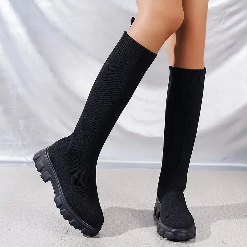 Knitted Stretch Sock Boots Platform Woman Knee High Boots Autumn