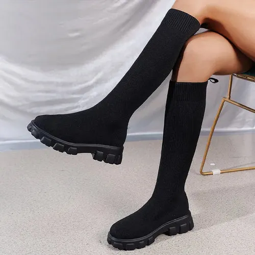 Knitted Stretch Sock Boots Platform Woman Knee High Boots Autumn