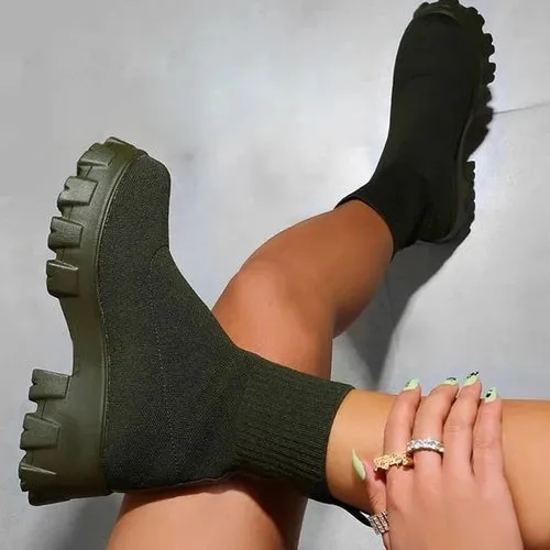 Knitted Stretch Sock Boots Platform Woman Knee High Boots Autumn