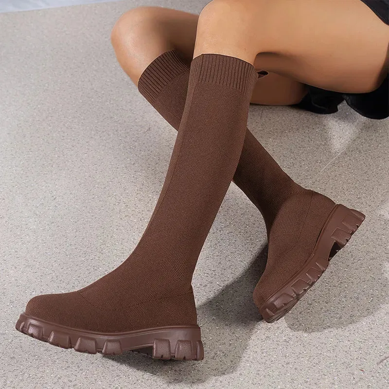 Knitted Stretch Sock Boots Platform Woman Knee High Boots Autumn