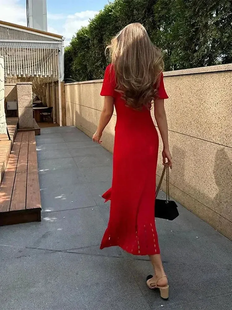 Knitted V-Neck Button Dress