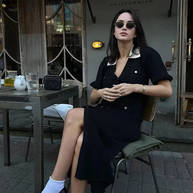 Knitted V-Neck Button Dress