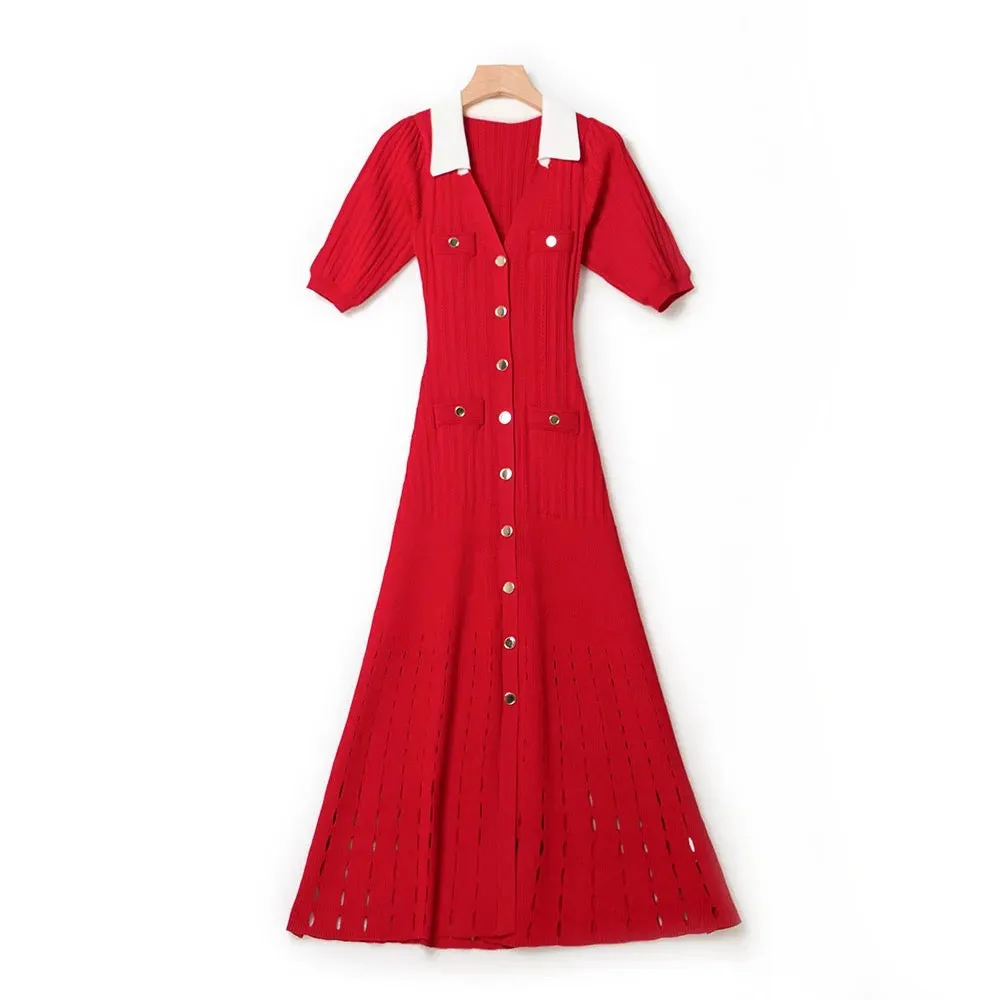 Knitted V-Neck Button Dress