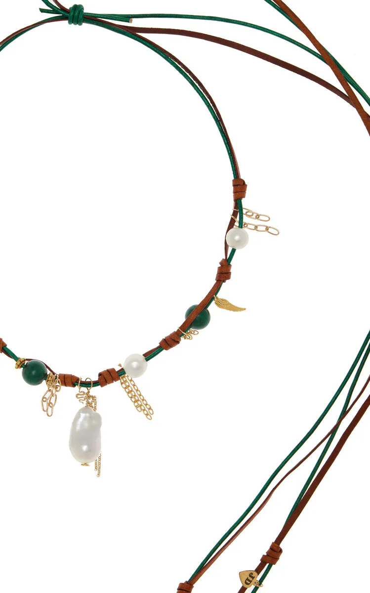 Knotted Leather 18K Yellow Gold Pearl, Malachite Necklace
