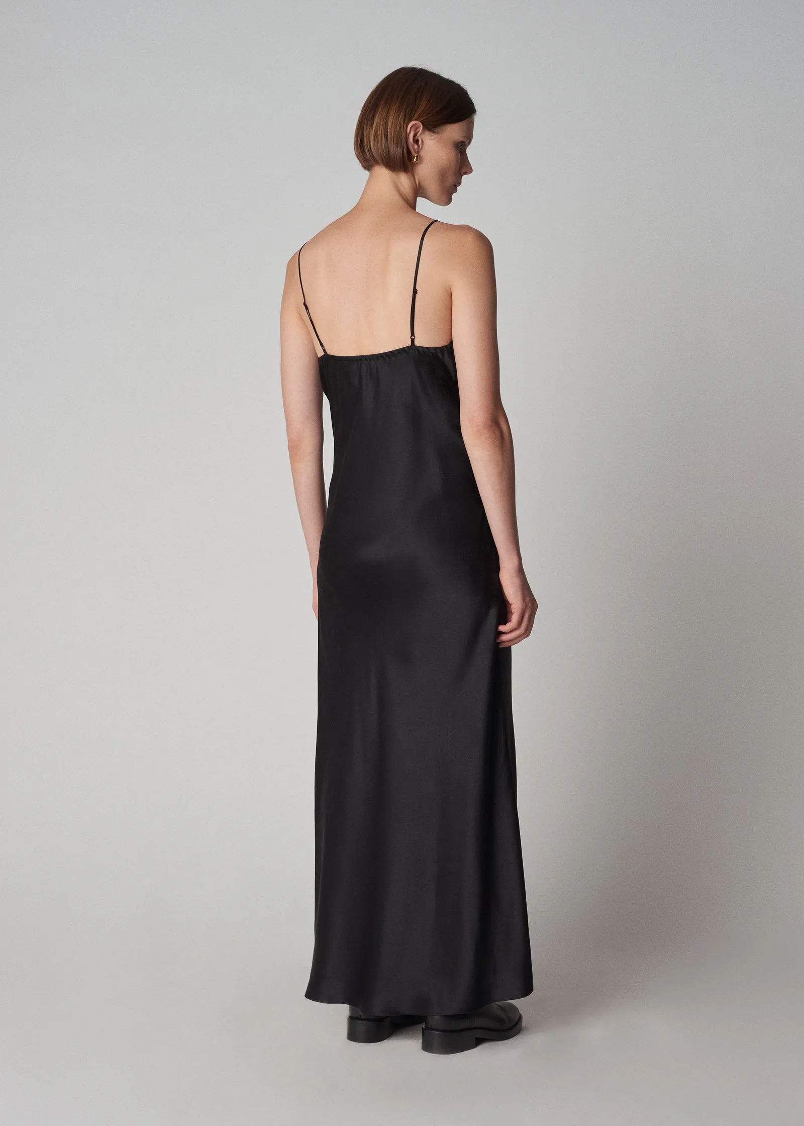 Lace Slip Dress in Silk Satin - Black