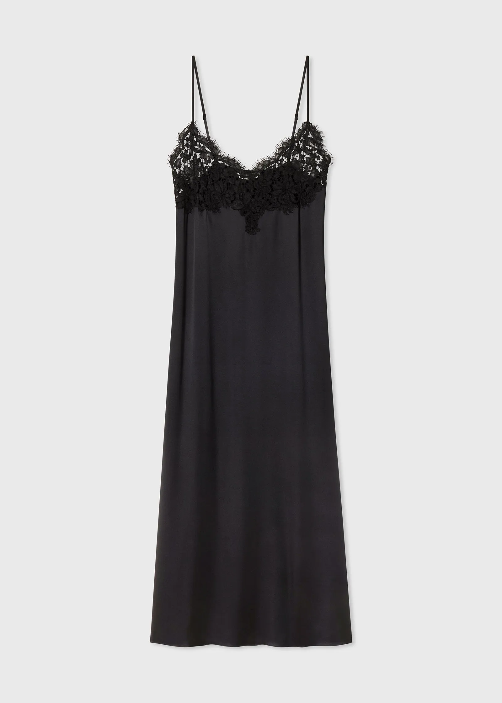 Lace Slip Dress in Silk Satin - Black