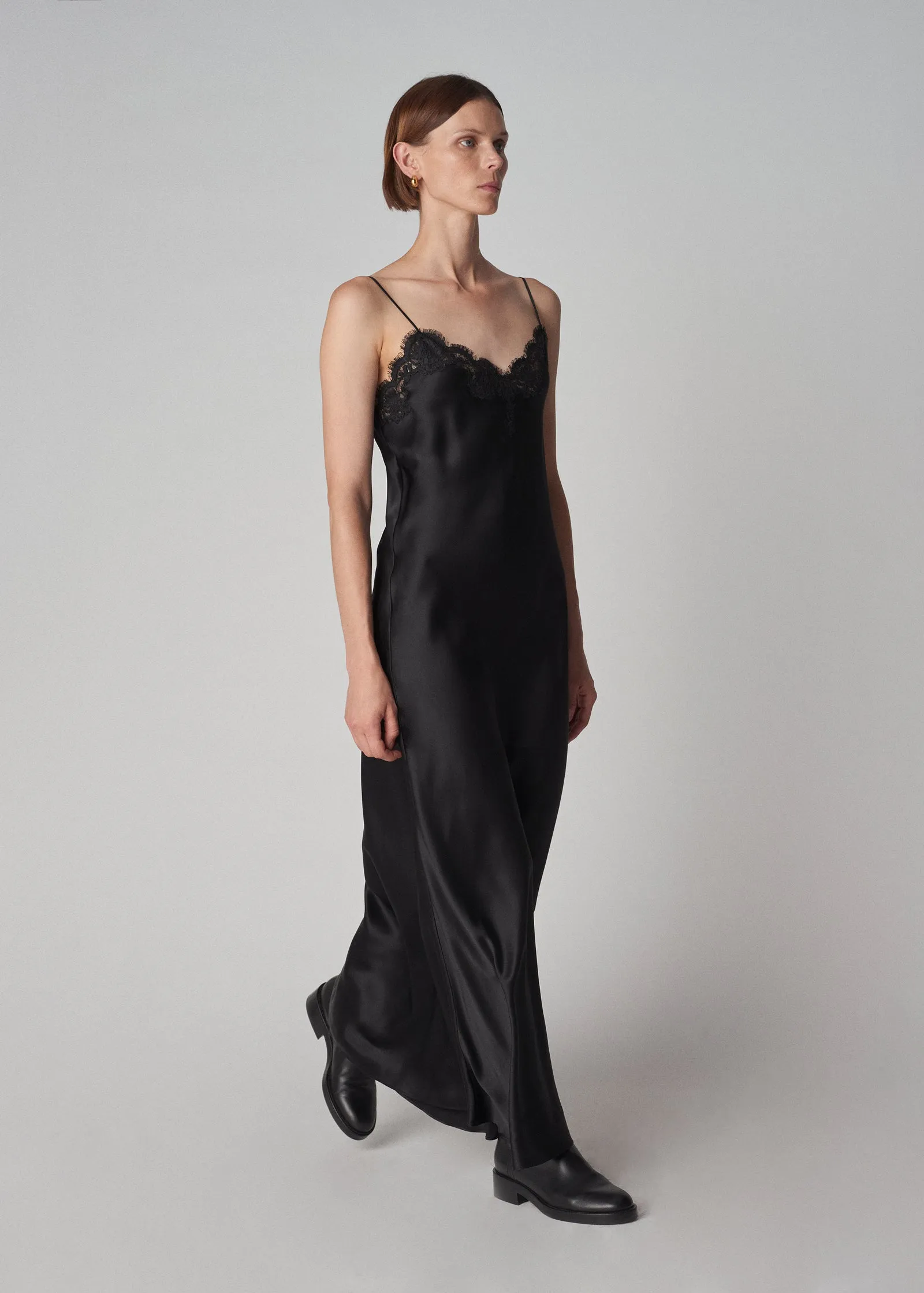 Lace Slip Dress in Silk Satin - Black
