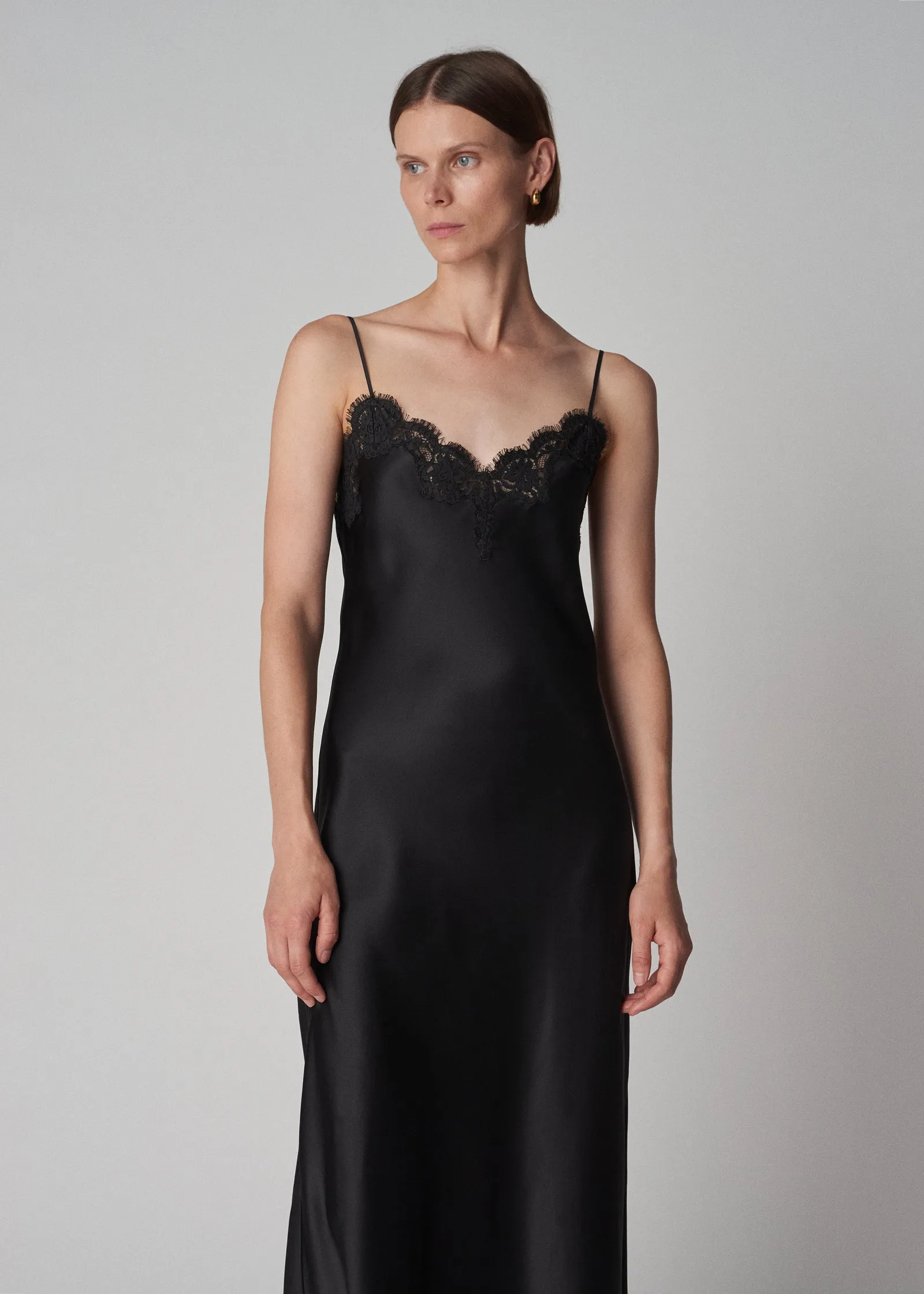 Lace Slip Dress in Silk Satin - Black