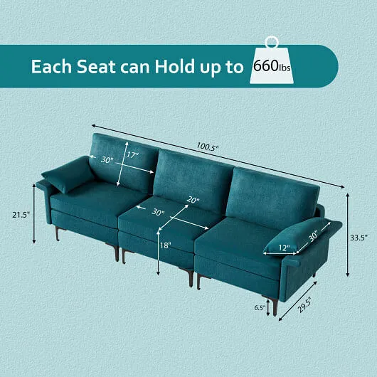Large 3-Seat Sofa Sectional with Metal Legs and 2 USB Ports for 3-4 people-Turqu